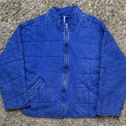 Free People Quilted Blue Zip Jacket with Pockets Relaxed Fit Long Sleeve S/P