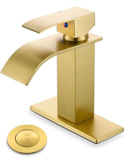 Gold Bathroom Faucet, Modern Single Hole Waterfall Spout Sink Faucet, Brushed Gold With Drain Assembly and Hose