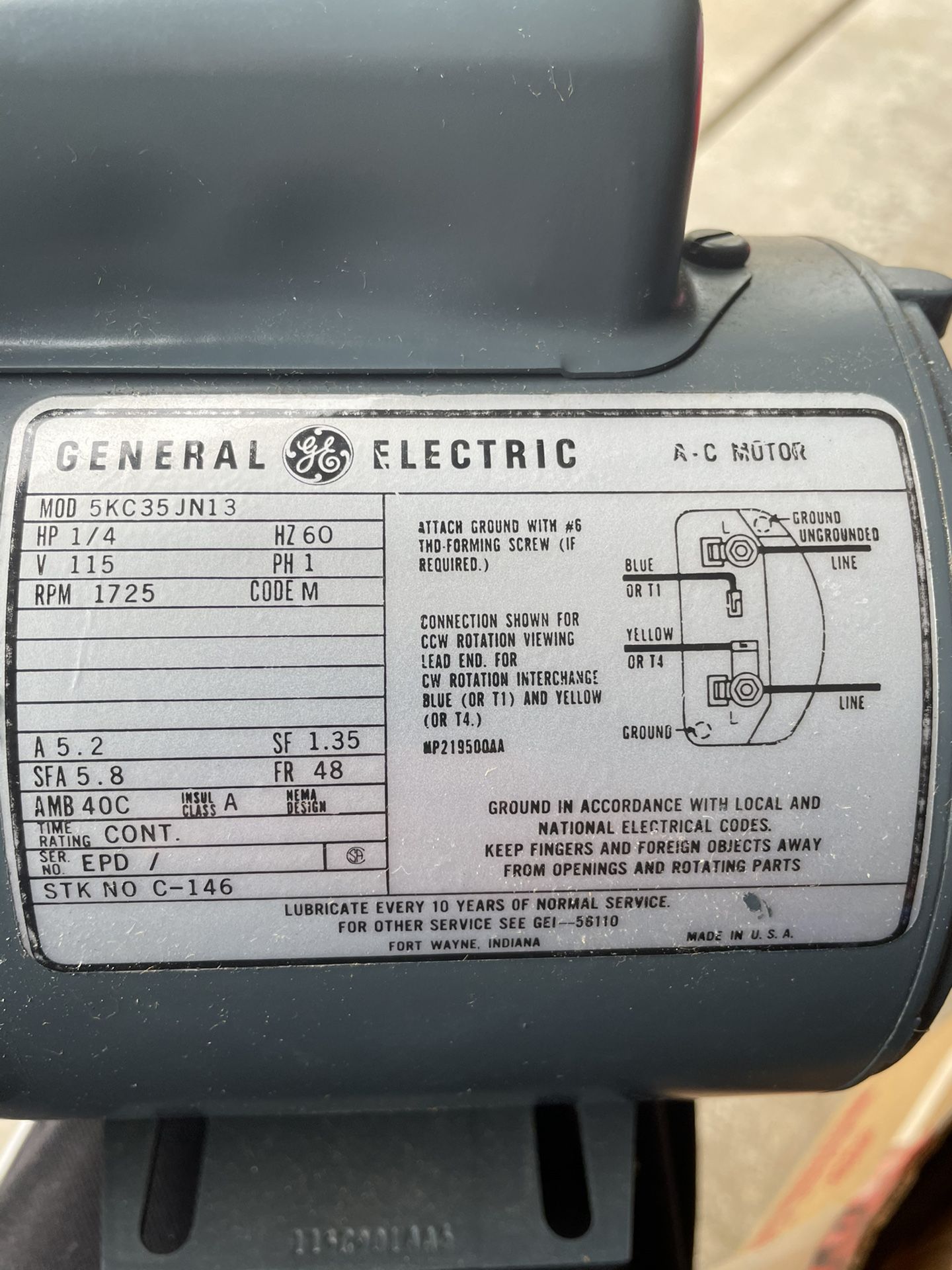 GE General Purpose Motor, 1/4 HP, Capacitor-Start, Nameplate RPM 1725, Voltage 115/230, 48Z Frame