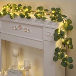 2 Pcs Christmas Decoration Indoor, 6FT Eucalyptus Garland for Mantle, Artificial Christmas Greenery with Timer, Cedar Tree Garland for Fireplace Outdo