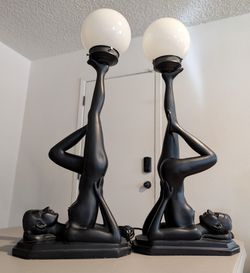 *BOTTOM PRICE* Vintage Art Deco Revival Figural Lady Lamps w/ Original Glass Globes