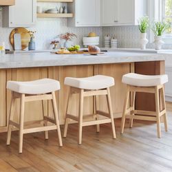 Set of 3 Bar Stools with Sturdy Wood Legs, Saddle Seat Counter Height Bar Stools, 24 Inch Counter Stools, Beige Fabric