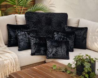 7 Pc Black Decorative Throw Pillow Set Plush Faux Fur Couch Sofa Living Room Decor