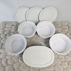 VTG CORNINGWARE FRENCH WHITE SOUFFLE'/OVAL - SET of 5 w/4 LIDS