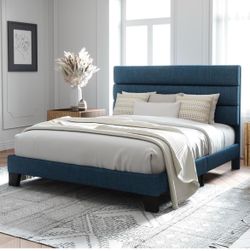 Queen Size Platform Bed Frame with Fabric Upholstered Headboard