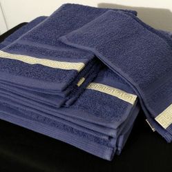 DECOR 6 Piece Towel Set Periwinkle Slate Blue With Custom Made Machine Stitched Metallic Gold And White Greek Key Trim Bathroom Decor