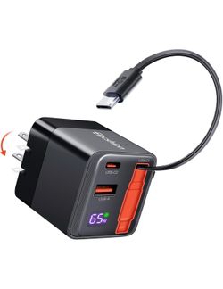 🔥Brand new🔥 65W Retractable Wall Charger, USB C Charger Block Built-in Type C Cable Dual Port, PD PPS Fast Charging GaN Power Adapter Travel Charger