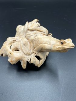 Hand-carved wooden Frog/Toad figurine created from a single piece of light-colored burl wood.