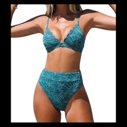CUPSHE Bikini Set for Women Bathing Suit High Waisted Scalloped V Neck Two Pieces Swimsuit