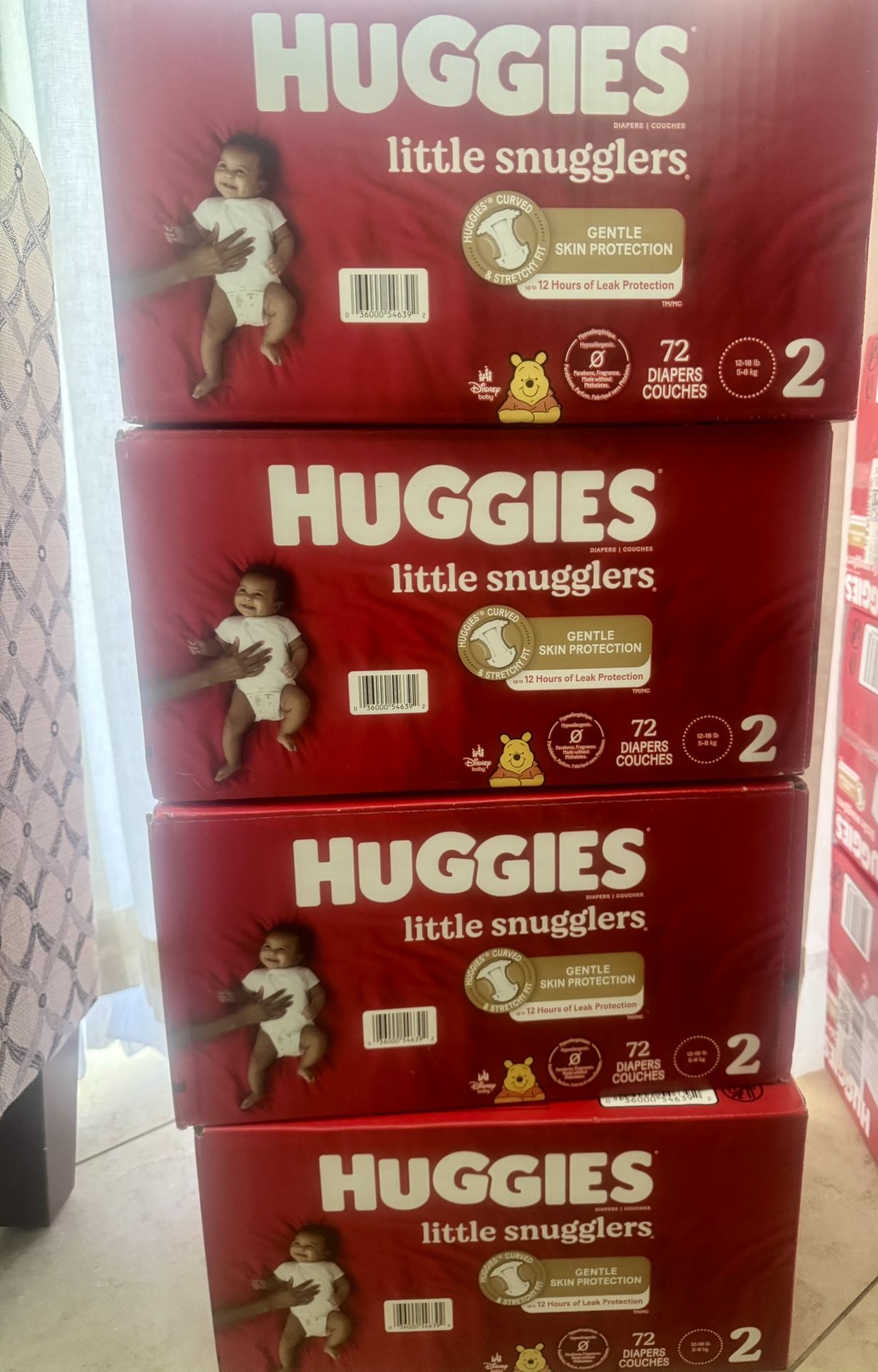$20 x4 BRAND NEW BOXES OF SIZE 2 HUGGIES LITTLE SNUGGLERS DIAPERS 72 PER BOX - There are 288 Diapers Total