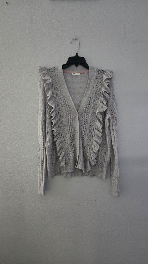 Grey Ruffle Soft Lightweight Button Cardigan Women Festive Holiday