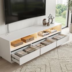 Modern 66" Glossy White TV Stand with Integrated Power & LED Lighting just