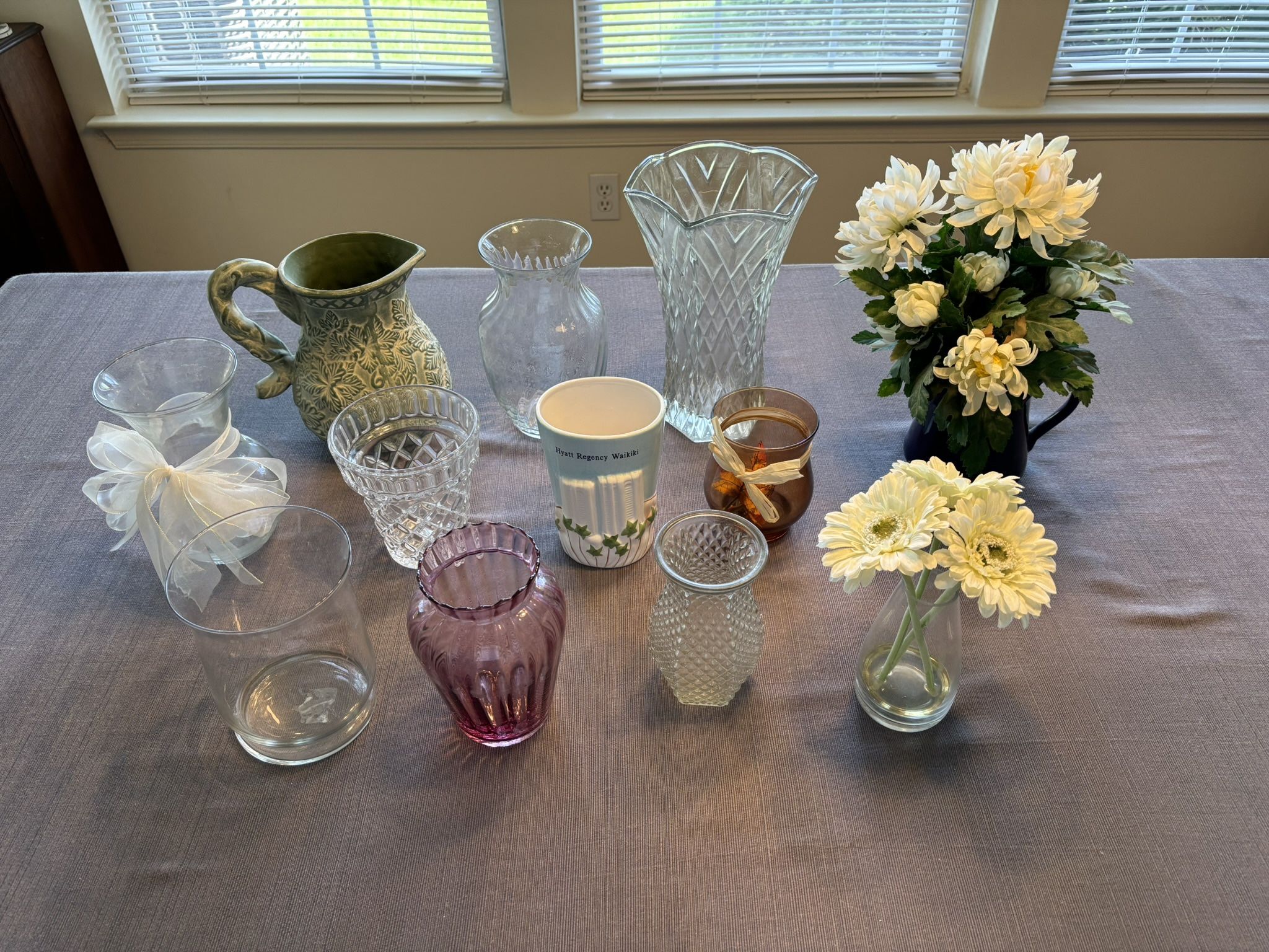 Vases, lot of 12, good to excellent condition, 5”-10”, glass, ceramic, terracotta.