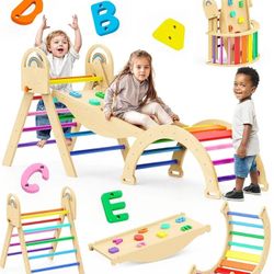 Pikler Triangle Climbing Set - 9-in-1 Indoor Jungle Gym Toy for Toddler 18M-7Y, Foldable Montessori Climber Wooden Gifts with Arch&Ramp&Ladder for Kid
