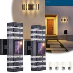 2 Pack Solar Outdoor Wall Light with 4 Free 4w Bulbs 3000K Dusk to Dawn Solar