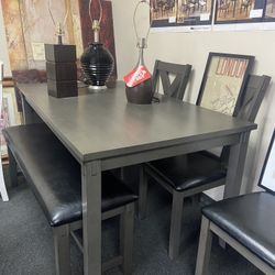 6pcs Dark Gray New Dining Table Set 4 Chairs And Bench