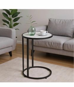 1,093) Round C Shaped Side Table, Slide Under Couch End Table with Wood Top Coffee Snack Laptop Table for Living Room Bedroom Small Spaces (Black Meta