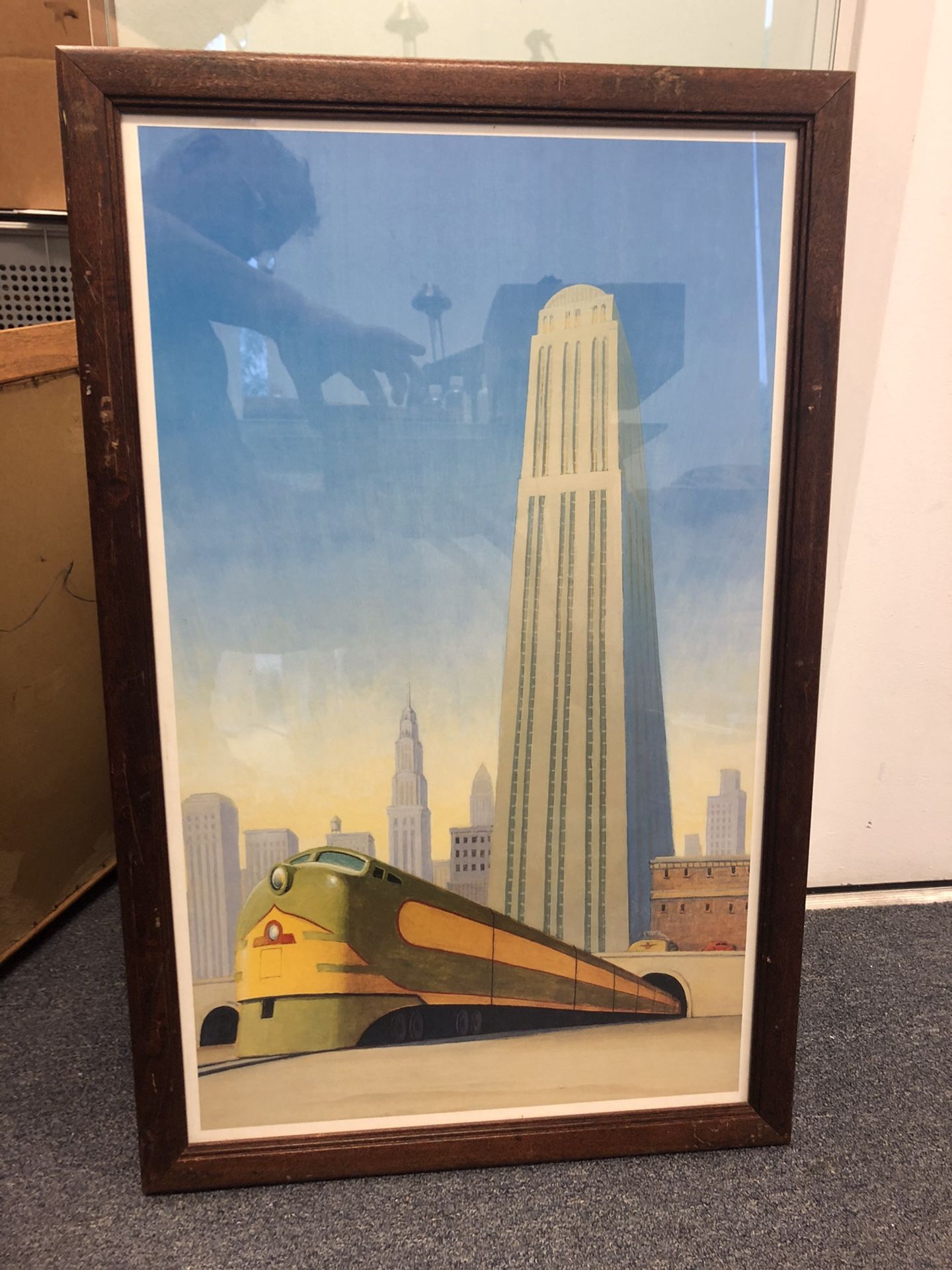 Vintage art poster. Train pulling out of tunnel. Wooden framed.