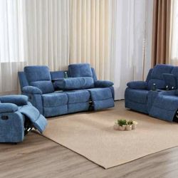 Blue Microfiber Fully Reclining  Three Piece Couch Set