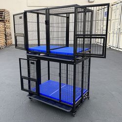 New $310 (Set of 2) Stackable Dog Cage 37x25x64” Heavy Duty Folding Kennel w/ Plastic Tray