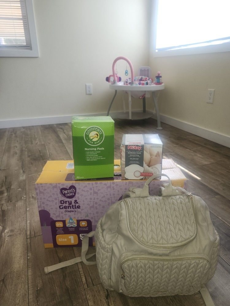 Nursing Pads, Size 1 Diapers, Mommers, Smart steps bouncer.