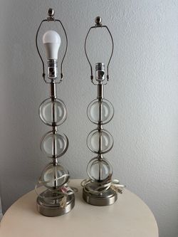 Pair of Glass and Brushed Nickel Table Lamps