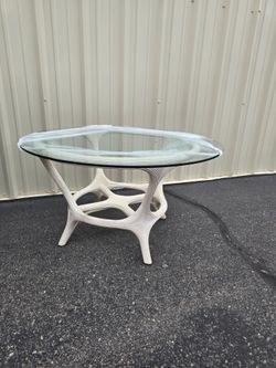 White Rattan Dining Table with Round Glass Top