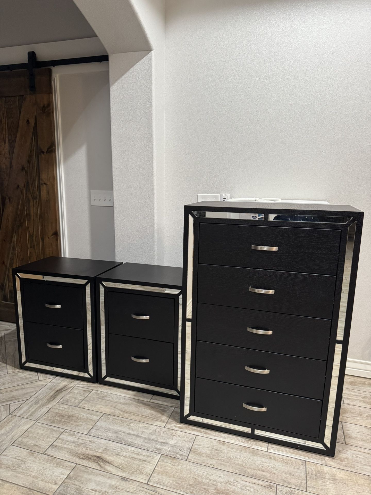 Black Mirrored Dresser & Two Night Stands