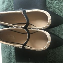 Michael Shannon Rosalina Women’s US 7.5 Black Taupe Pearl Studs MaryJane Flats  (new in box) 