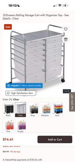 $50 12-Drawers Rolling Storage Cart with Organizer Top