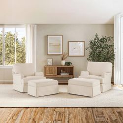 4-Piece Warm Linen Fabric Upholstered Swivel Accent Arm Chair Metal Base Barrel Sofa Chair with Storage Ottoman