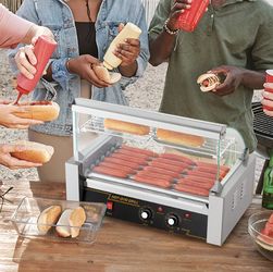 VEVOR Hot Dog Roller 7 Rollers 18 Hot Dogs Capacity 1050W Stainless Sausage Grill Cooker Machine with Dual Temp Control Glass Hood Acrylic Cover Bun W