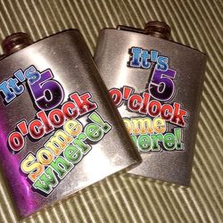 Pair Of Never Used Stainless Steel Screw Top 5 O'clock Somewere Flask Deal