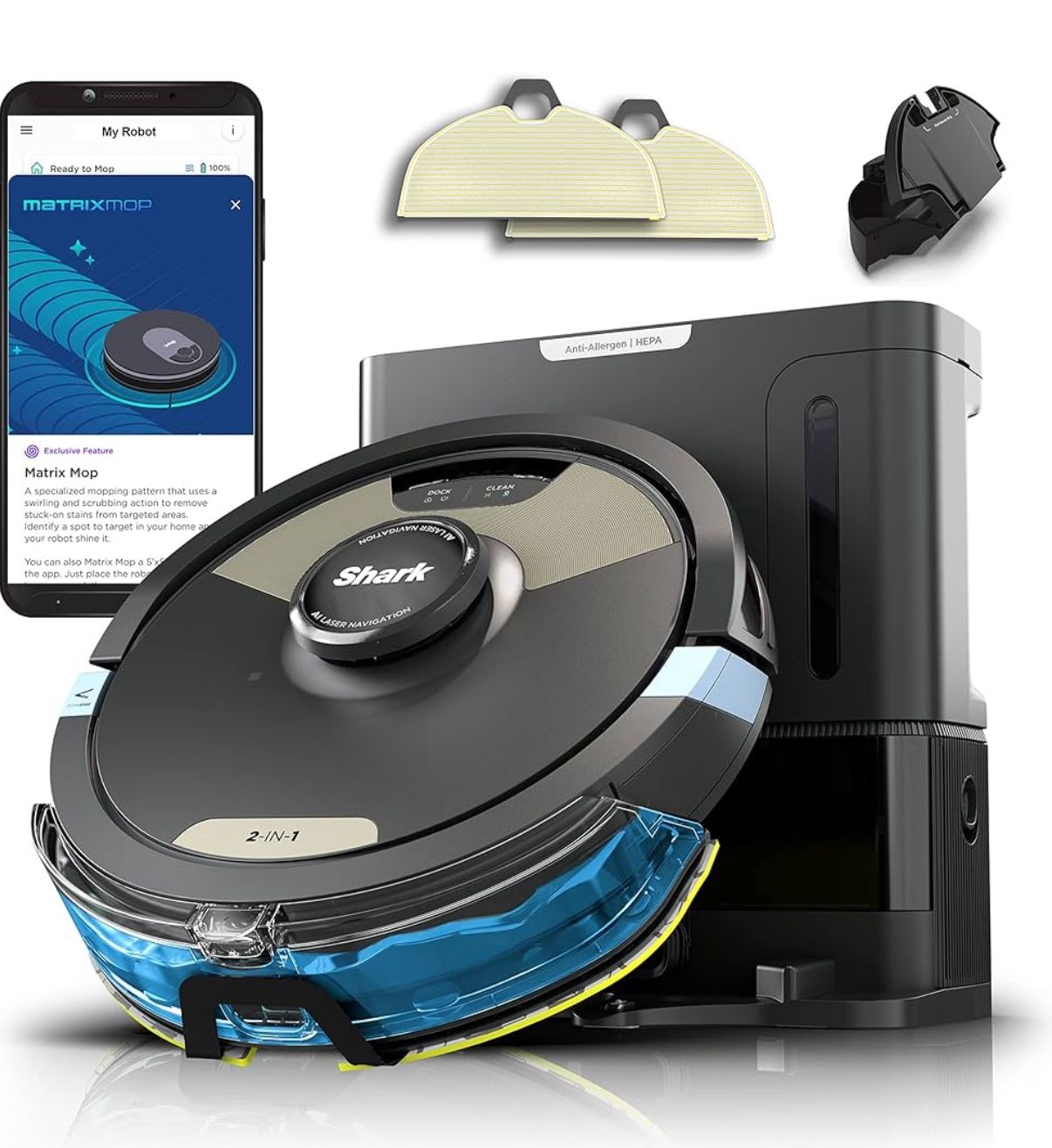 Shark Robot Vacuum & Mop Combo, Powerful Suction, Matrix Plus, 60-Day Debris Capacity, HEPA Bagless Self Empty Base, Sonic Mopping, Home Mapping for P