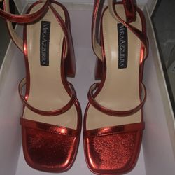 SIZE:5 METALLIC RED MIRA-AZZURRA Platform Strappy Heel Sandals Square Open Toe Two Strap Chunky High Heeled Sandals with Buckle