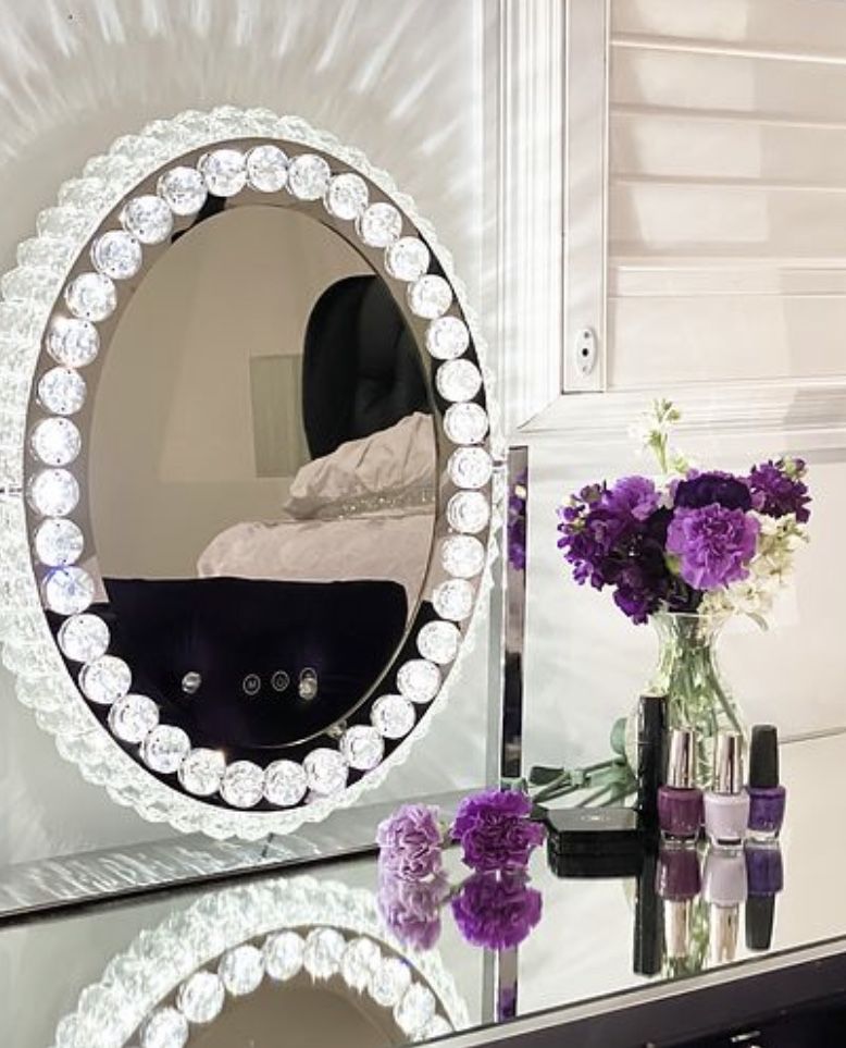 Hollywood Vanity Mirror With Lights - Crystal Makeup Mirror I Vanity Mirror With Lights I Lighted Vanity Makeup Mirror I Oval Make Up Mirror With LED
