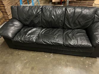 Black Leather 3-Seat Sofa — Overstuffed & Comfortable