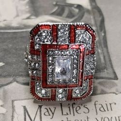 Antique Art Deco Silver Natural Red Sapphire & CZ Gemstone Ring - Size 6