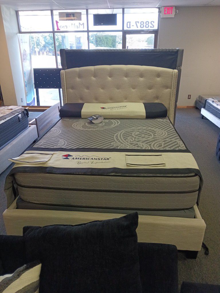 New Queen Size Khaki Linen Bed With Promotional Mattress And Box Spring Including Free Delivery