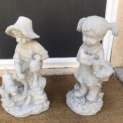 New Kids With Bird, Dog And Fish Made Out Of Cement Size 18in X 12in