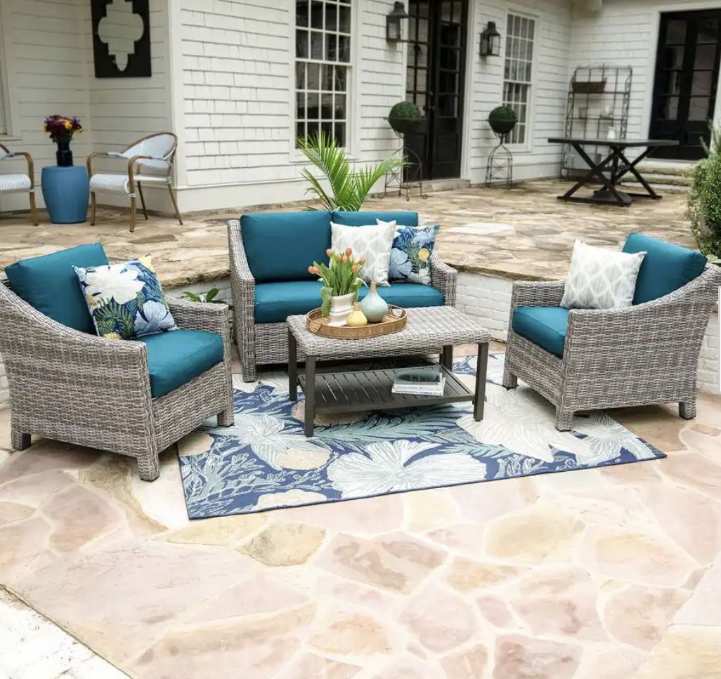 New 4 Piece Mareita Outdoor Patio Furniture Set In Grey Wicker
