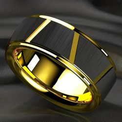 Men's Women's 8mm Tungsten Black Gold Grooved Comfort-Fit Engagement Wedding Band 12