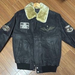 Genuine Leather Aviator Bomber Jacket w/ Removable Fur Collar