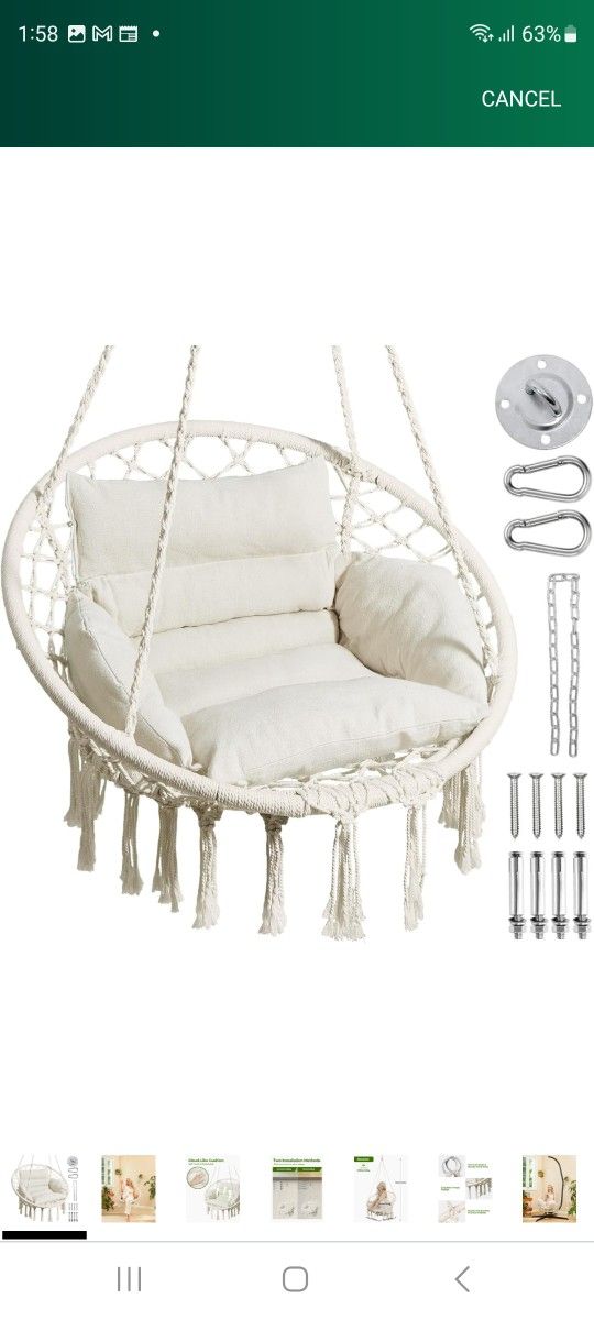 Greenstell Hammock Chair, Macrame Swing Chair with Comfy Cushion, Boho Hanging Chair for Outdoor & Indoor, Perfect for Bedroom, Patio, Balcony, Hold u