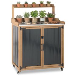 2-in-1 Outdoor Storage Cabinet & Potting Bench, Heavy Duty Metal Top Utility Station for Garden Tools