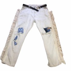 Custom Fringed White Wrangler Jeans High Quality 