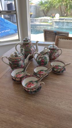 Vintage P.C.T. Famille Rose 16-Pc Tea Set - Japanese Porcelain Ware Hand Decorated in Hong Kong - Mid-Century Chinoiserie