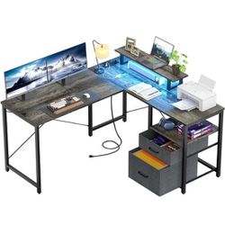 Homieasy Desk Whit File Cabinet And Led Lights 