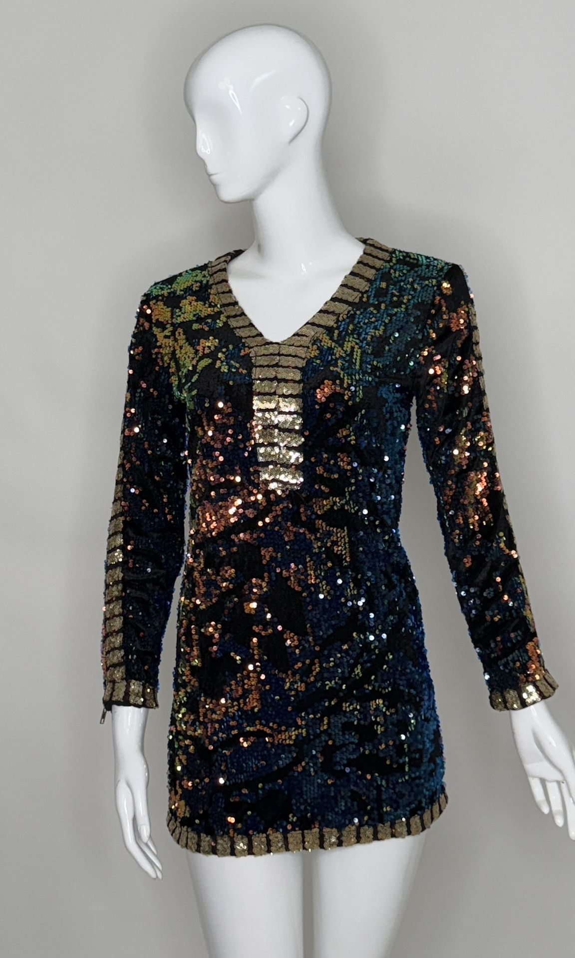 Multicolor Sequin Mini Dress – V-Neck, Long Sleeve, Size Medium