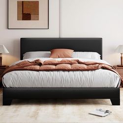 King Size Bed Frame with Adjustable Headboard, Faux Leather Platform Bed with Wood Slats, Heavy Duty Mattress Foundation, No Box Spring Needed, Noise-